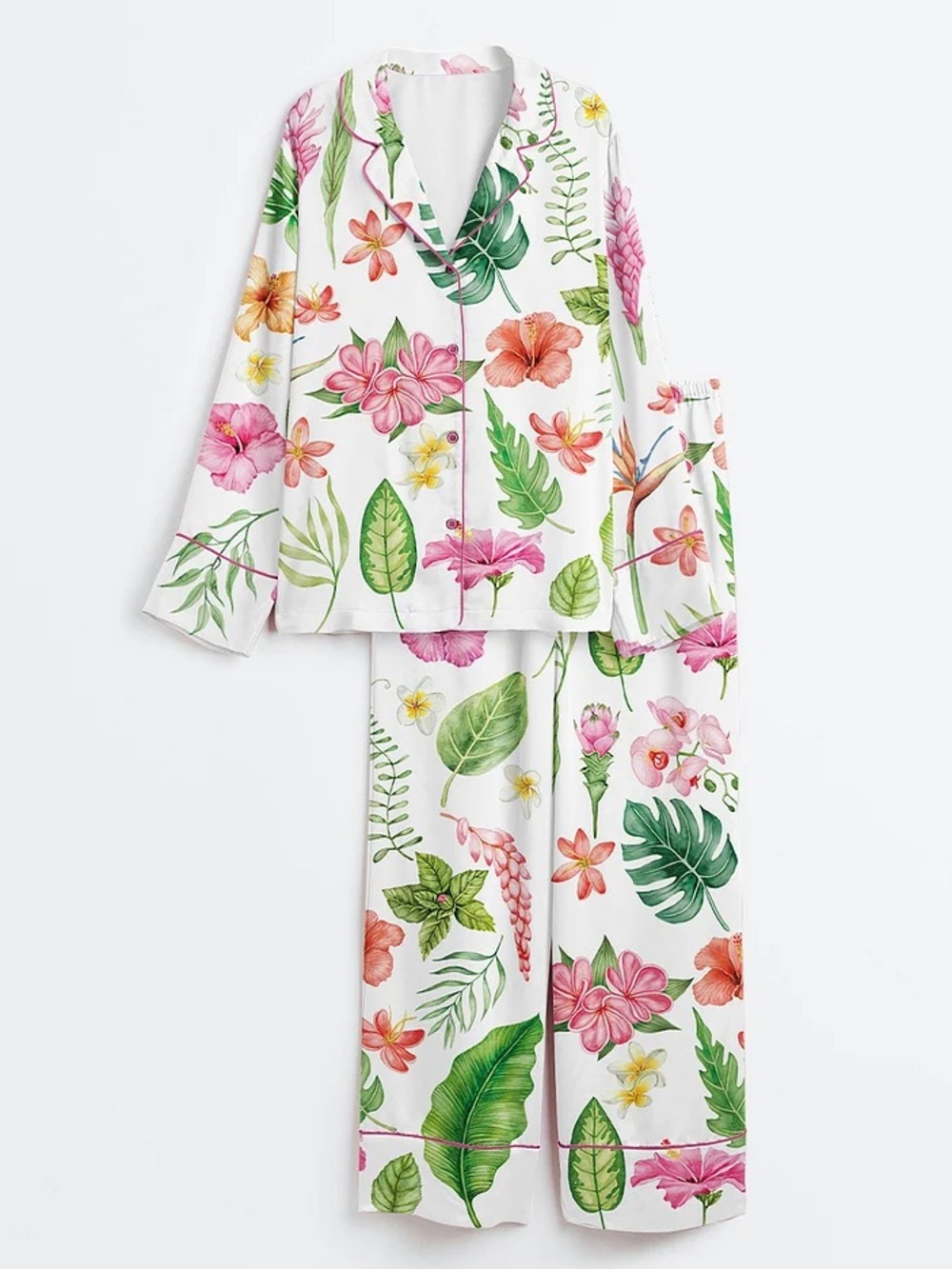 Women's Tropical Flowers And Leaves Hawaii Long Sleeve Satin Pajama Set